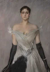 Portret damy w bieli z rękawiczkami i wachlarzem, szczegół