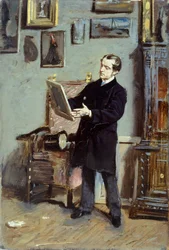 Autoportret Giovanniego Boldiniego patrzącego na obraz, ok. 1865, autorstwa Giovanniego Boldiniego (1842-1931), olej na płótnie, 32x22,5 cm.