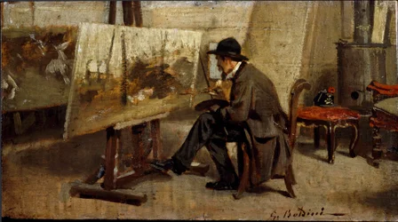 Malarz Giovanni Fattori w swoim warsztacie Malarstwo przypisywane Giovanniemu Boldiniemu (1842-1931) 1863-1869 Nd. 13x24 cm kolekcja prywatna Mediolan