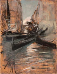 Widok kanału w Wenecji z gondolami (Kanał wenecki i gondole) Obraz Giovanniego Boldiniego (1842-1931) 1910-1914 Kolekcja prywatna