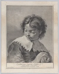 Chłopiec z koronkowym kołnierzykiem trzymający w rękach owoc, 1743.