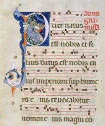 Ms 561 Page z historycznym inicjałem „P” przedstawiającym Narodzenia, z graduału z klasztoru San Jacopo di Ripoli, początek XIV wieku (szczegóły patrz 78849)