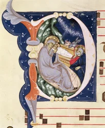Ms 561 f.31v Historiograficzny inicjał "D" przedstawiający Narodzenie, z graduału z klasztoru San Jacopo di Ripoli, początek XIV w.