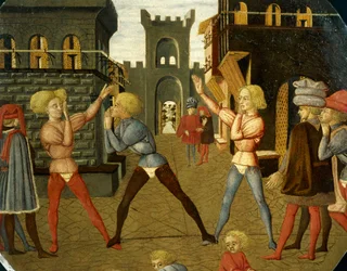 gra o nazwie civettino, detal z przodu tacy porodowej (okrągły obraz), ok. 1450, autorstwa Giovanniego di Ser Giovanniego, znanego jako Lo Scheggia (1406-1486), tempera na drewnie