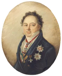 Hrabia Dmitry Pavlovich Tatishchev, zwrócony w lewo w niebieskim płaszczu, białej kamizelce i zapasie