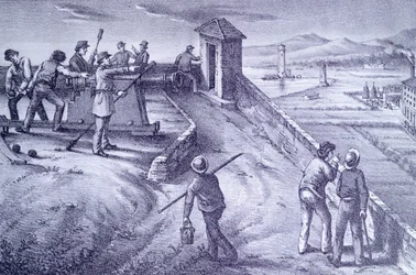 Obrona Livorno z Fort San Pietro, Giovanni Fattori (1825-1908), grawerowanie