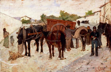 Zatrzymanie się w Maremmie czyli scena życia na wsi Giovanniego Fattoriego (1825-1908), olej na płótnie, 28x42 cm