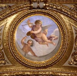 Miłość do sprawiedliwości. Obraz Giovanniego Romanelli (1601-1662) zdobiący sufit Sali Antoniny, sypialni letnich apartamentów królowej Anny (1601-1666). Około 1655-1658. Paryż, Luwr.