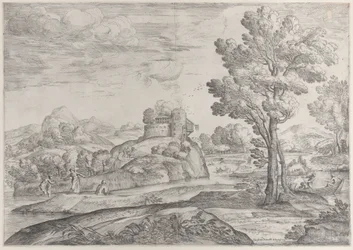 Dom na szczycie okrągłej skały pośrodku, ludzie w rzece iw kajakach, 1626-80.