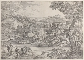 Chrzest Chrystusa u dołu po lewej, w krajobrazie, 1626-80., 1626-80.
