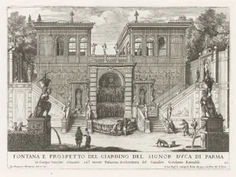 Farnesische Tuinen w Rzymie Fontanna i elewacja ogrodu księcia Parmy (...) (tytuł na obiekcie) Fontanny w pałacach i ogrodach Rzymu (tytuł serii) Fonteinen in de paleizen en tuinen van Rome (tytuł serii)