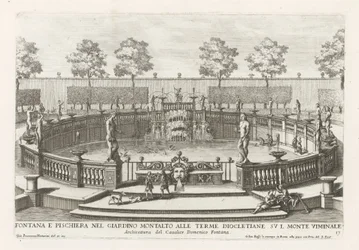 Fontanna i staw rybny w ogrodach Villa Montalto w Rzymie Fontana e pischiera nel giardino Montalto alle Terme Diocletiane (...) (tytuł obiektu) Le fontane ne palazzi e ne giardini di Roma (tytuł serii) Fontanny w pałacach i ogrodach Ro