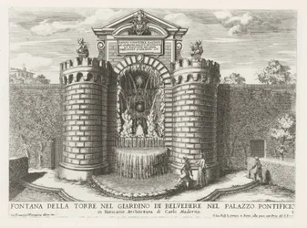 Fontein in de Vaticaanse tuinen Fontanna na wieży w ogrodzie Belweder w Pałacu Papieskim (...) (tytuł na obiekcie) Fontanny w pałacach i ogrodach Rzymu (tytuł serii) Fonteinen in de paleizen en tuinen van Rome (tytuł serii)