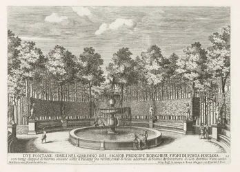 Fontein in de Villa Borghese w Rzymie Dwie podobne fontanny w ogrodzie signora prencipe Borghese (...) (tytuł na obiekcie) Fontanny w pałacach i ogrodach Rzymu (tytuł serii) Fonteinen in de paleizen en tuinen van Rome (tytuł serii)