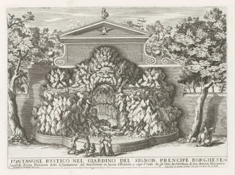 Fontein in de Villa Borghese w Rzymie Rustykalna fontanna w ogrodzie pana prencipe Borghese (...) (tytuł na obiekcie) Fontanny w pałacach i ogrodach Rzymu (tytuł serii) Fonteinen in de paleizen en tuinen van Rome (tytuł serii)
