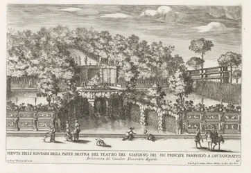 Fontein in de tuinen van Villa Doria Pamphilj te Rome Widok fontann po prawej stronie teatru ogrodowego (...) (tytuł na obiekcie) Fontanny w pałacach i ogrodach Rzymu (tytuł serii) Fonteinen in de paleizen en tuinen van Rome (seria