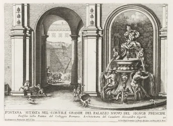 Fontein in een binnenplaats van het Palazzo Doria Pamphilj te Rome Fontanna znajdująca się na dużym dziedzińcu Palazzo Nuovo del Signor prencipe (...) (tytuł na obiekcie) Fontanny w pałacach i ogrodach Rzymu (tytuł serii) Fonteinen in de paleizen en tu