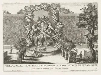 Fontanna z herbem papieskim, dwoma trytonami i delfinami Fontana nella casa del signor Paolo strada situata in strada nova (tytuł na obiekcie) Le fontane ne palazzi e ne giardini di Roma (tytuł serii) Fontanny w pałacach i ogrodach Rzymu (