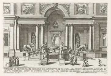 Loggia en tuin van de Villa Medici te Rome Fontanna Merkurego w ogrodzie Wielkiego Księcia Toskanii w Trinita de Monti (...) (tytuł na obiekcie) Fontanny w pałacach i ogrodach Rzymu (tytuł serii) Fonteinen in de paleizen en tuinen van Rome (se