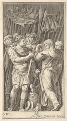 Żołnierze, jeden pokazany frontalnie i trzymający miecz, po prawej żołnierz ze swoją ba..., ok. godz. 1650-1700.