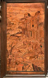 Genua, Duomo (katedra św. Wawrzyńca), wnętrze, absyda, chór, strona północna: „Mojżesz uratowany z wód”, intarsja drewniana Giovanniego Francesco Zambelli (XVI w.)