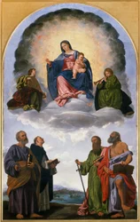 Chwalebna Madonna z Dzieciątkiem Jezus, Dwóch Aniołów Muzyków, Św. Piotr, Św. Dominik, Św. Paweł i Św. Hieronima (Ołtarz Pesaro)