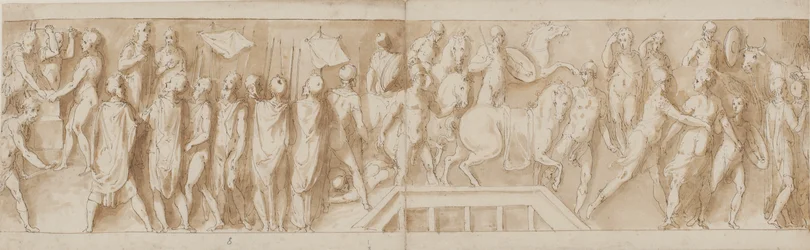 żołnierze rzymscy budujący obóz (koniec LXXXII); adres (LXXXIII); Rzymianie przeprawiający się przez rzekę na moście pontonowym (LXXXIV); kobiety wzięte do niewoli (początek LXXXV)