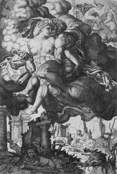 Ixion próbuje uwieść Juno, otoczona chmurami, a poniżej ruiny, ok. godz. 1520-39.