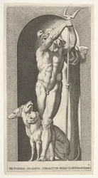 Ilustracja 7: Pluton w niszy, trzymający bident, a obok niego Cerber, z serii m..., 1526.