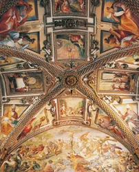 Detal sklepienia prezbiterium przedstawiający Ukrzyżowanie, autorstwa Giovanniego Lanfranco (1582-1647) oraz sceny ze Starego i Nowego Testamentu, autorstwa Giovanniego Bernardino Azzolino (1572-1645), Certosa z San Martino, Neapol, Kampania, Włochy