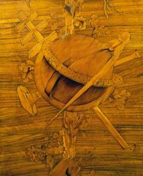 Przyrządy pomiarowe, środkowa część intarsji na szafce narożnej z pojedynczymi dużymi drzwiami, autorstwa Giovanniego Maffezzoli (1779-1818), ucznia Giuseppe Maggioliniego, sygn. i dat. 1798, Włochy