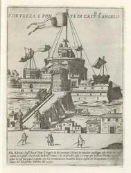 Zamek Świętego Anioła i Most Anioła Fortezza e ponte di Cast.o S.o Angelo (tytuł na obiekcie) Nowoczesne i starożytne zabytki i budynki w Rzymie (tytuł serii) Ornamenti di fabriche antichi et moderni dell