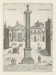 Kolumna Marka Aureliusza w Rzymie Colonna a S. Antonio (tytuł na obiekcie) Nowoczesne i starożytne zabytki i budynki w Rzymie (tytuł serii) Ornamenti di fabriche antichi et moderni dell