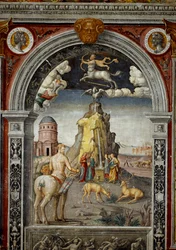 Znak Zodiaku: „Strzelec”” Na wierzchu medaliony z portretami cesarzy Didiusa Julianusa i Kommodusa. Poniżej legenda związana z narodzinami konstelacji odpowiadającej znakowi: widok na Helikon z fontannami Aganippe a