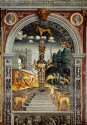 Znak Zodiaku: „Lew”” Na wierzchu medaliony z portretami cesarzy Witeliusza i Wespazjana. Poniżej legenda związana z narodzinami konstelacji odpowiadającej znakowi: bóstwo Artemida z Efezy. Fresk przypisywany Giovanniemu Mar
