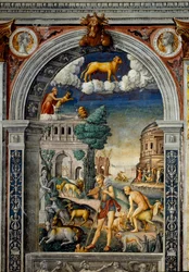 Znak zodiaku: „Byk”” Na wierzchu medaliony z portretami Tybera i Kaliguli. Poniżej legenda związana z narodzinami konstelacji odpowiadającej znakowi: bóg Pan grający na flecie. Po lewej koza kładzie małą. b