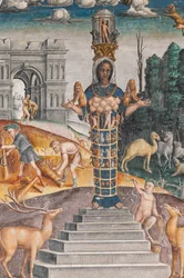 Znak zodiaku Leona z Dianą, dwoma jeleniami i satyrem jak na sarkofagu w Pałacu Bleinhaim; w tle Arco degli Argentari w Rzymie i Herkules walczący z lwem nemeńskim, Komnata Zodiaku (Camera dello Zodiaco), fragment