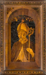 Chór kanoniczny Lignei, inkrustowany przez Giovanniego Marię Platinę 1484, Górny Stall, Sant