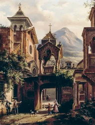 Elewacja antycznego opactwa z osobami, Giovanni Migliara (1785-1837) (sygn. Teodolinda Migliara), olej na pokładzie