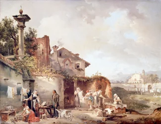 Pralnia klasztoru sióstr, Giovanni Migliara (1785-1837), olej na płótnie, 72x55,5 cm