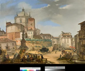 Widok piazza della vetra w Mediolanie, Włochy (Widok piazza della Vetra w Mediolanie) Obraz Giovanniego Migliary (1801-1867) 1833 Kolekcja prywatna