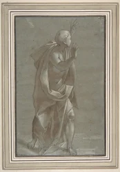 Stojąca, udrapowana postać mężczyzny z uniesionymi rękami, 1565-71.