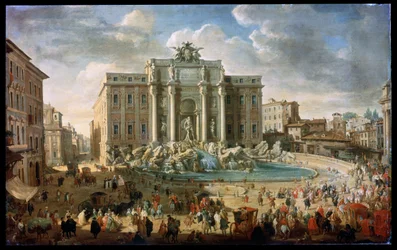 Fontanna di Trevi w Rzymie. Papież Benedykt XIV odwiedza Fontannę di Trevi w Rzymie, XVIII wiek
