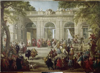 Karol III Hiszpański, czyli Karol Burbon, król Neapolu (Carlo Borbone) (1716-1788), odwiedza papieża Benedykta XIV w kawiarni pałacu na Kwirynale (Kwirynał). Obraz (1691-1765), 1746. Neapol, Museo Nazionale di Capodimonte
