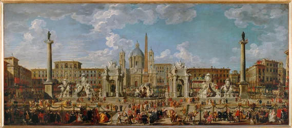 Przygotowania do pokazu sztucznych ogni i dekoracji na uroczystości na Piazza Navona w Rzymie w dniu 30 listopada ...