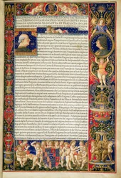 Grenville MS 7251 Frontyspis luksusowej kopii „Sforziady lub życia Francesco Sforzy”, wykonany dla Ludovico Sforzy, włoskie tłumaczenie łacińskiego oryginału napisane przez Giovanniego Simonettę