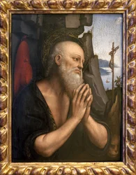 Pokutnik św. Hieronima. Obraz Giovanniego Pedriniego lub Giovan Pietro Rizzi lub Gian Pietro Rizzoli znany jako Giampietrino (czynny 1495-1549), olej na drewnie, sztuka włoska, ze świty Leonarda de Vinci (1452-1519), renesans. Muzeum Sztuk Pięknych d