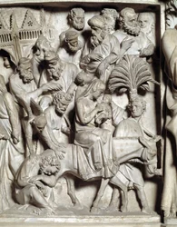 Szczegół płaskorzeźby Krzesła zrealizowany przez Giovanniego Pisano (1248-1314): Szczegół płaskorzeźby marmurowej ambony, lot do Egiptu 1302-1311 Cathedrale de Pisa (Duomo di Pisa), Włochy