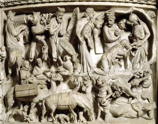 Detal płaskorzeźb Krzesła zrealizowanych przez Giovanniego Pisano (1248-1314): podróż i adoracja Trzech Króli (Szczegóły płaskorzeźb marmurowej ambony, podróż i adoracja Trzech Króli) 1302-1311 Katedra w Pizie (Duomo di Pisa), Włochy