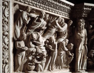 Detal płaskorzeźb Krzesła zrealizowanych przez Giovanniego Pisano (1248-1314): Zwiastowanie, Nawiedzenie i narodziny Jana Chrzciciela (Szczegóły płaskorzeźb marmurowej ambony, Zwiastowanie, Nawiedzenie i narodziny św. Jana Chrzciciela) 1302 -1311 Kato